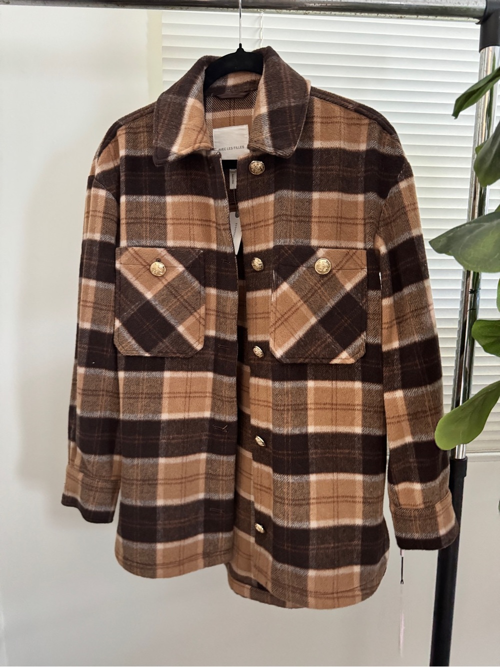 Anthropologie Brown and Tan Plaid Button-Up Shirt Jacket